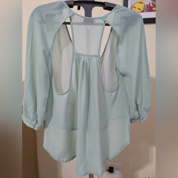 Urban Outfitters Sparkle and Fade Green High Low Cutout Button Down XS - Picture 2 of 6